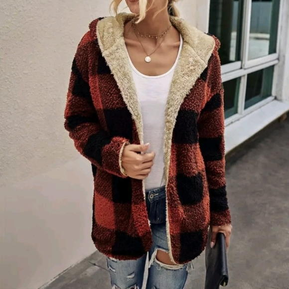 Jackets & Blazers - ONE LEFT! Fleece Sweater Plaid Faux Sherpa Reversible Teddy